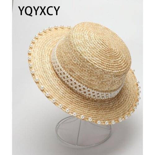 YQYXCY Summer Hats For Women Handmade Pearl Beads Straw Flat Top Sun Hat Female Sunscreen Beach Holiday Japan Wide Brim