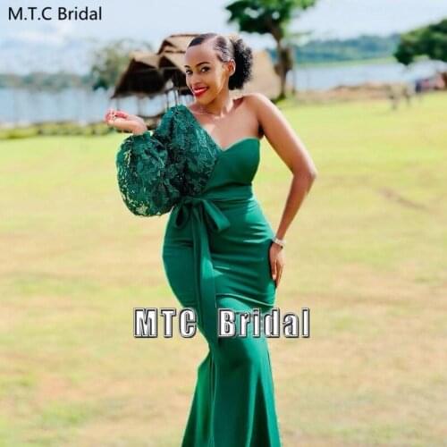 One Shoulder Green Long Sleeve Prom Dresses For African Women Mermaid Satin Formal Dress Plus Size Wedding Party Gowns Cheap