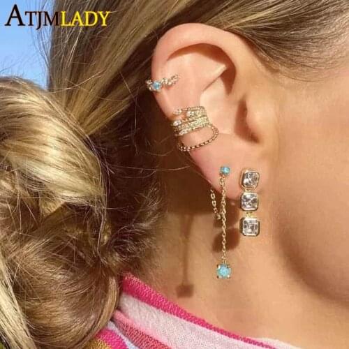 100% 925 Sterling Silver Gold Plated Blue Color Fire Opal Stone With Long Tassel Chain Multi Piercing 925 Girl Women Earring