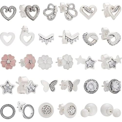 Lomeo 925 Silver Heart Intertwined One Side Diamond Butterfly, Cherry Blossom, Star Shining Simple Stud Earrings Female