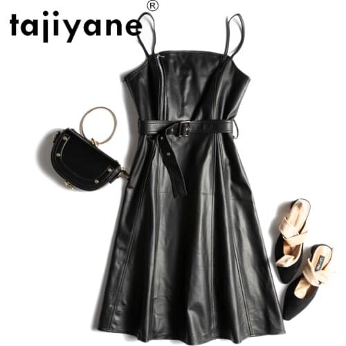 Tajiyane Womens Summer Sundress Real Sheepskin Mini Dresses for Women Genuine Leather Dresses Woman Black Dress Robes TN2871