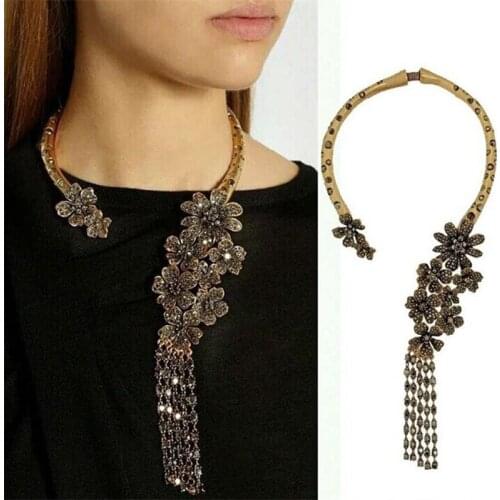 Vintage Ethnic Tribal Open Choker Necklace Women Crystal Tassel Pendants Necklace Jewelry Indian Statement Large Collar Necklace