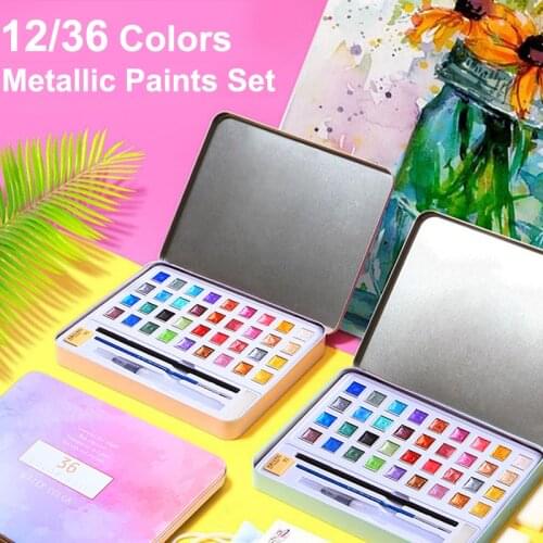 12/36 Color Solid Watercolor Paints Set Textured Pearlescent Pigment Metallic Glitter Acuarela Suit Portable Art Supplies