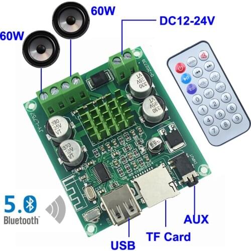 2*60W Bluetooth 5.0 Amplifier Board Digital Audio Power Amp HiFi Stereo 2.0 Channel Class D Receiver TF Card USB AUX Remote
