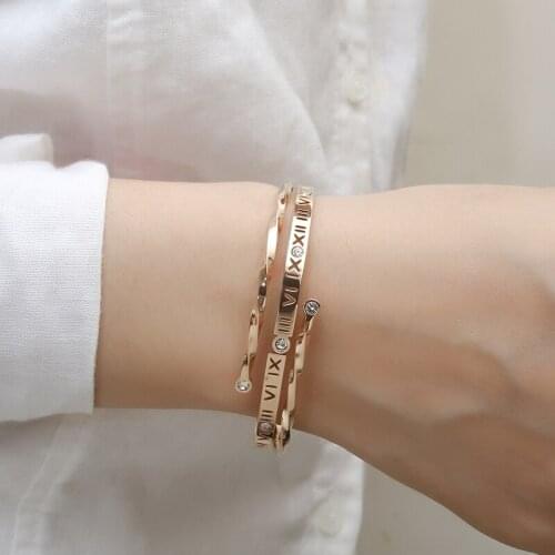 316 Stainless Steel New Roman Numerals Rose Gold Crystals Bracelet for Women Fashion Bangle Jewelry