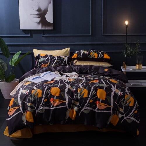 4Pcs 100% Cotton Queen King size Lovely Cartoon Bedding set Animal Duvet Cover Set Bed sheet Pillowcase orange birds blue