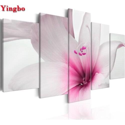 5 Panel DIY Diamond Painting Pink lily flower Picture Diamond Embroidery Rhinestones Full Square Round Drill Mosaic Decor