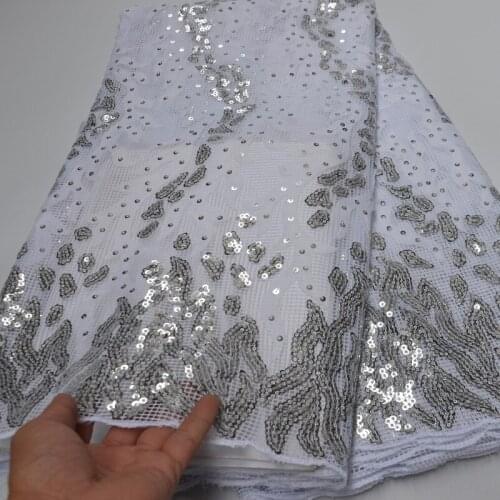5yards/pc) high quality laser cut embroidered African wedding lace white silver French net lace fabric with sequins FLP242