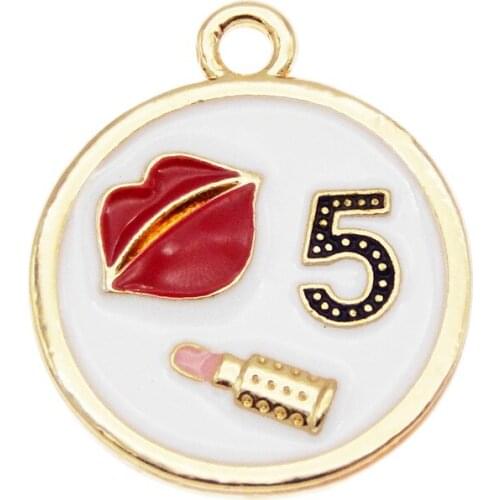 Julie Wang 4PCS Enamel Round Makeup Charms Alloy Red Lip Lipstick Number 5 Gold Tone Pendants Bracelet Jewelry Making Accessory