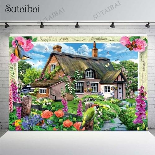 Fairy Garden Cottage Courtyard Blossom Flower Green Plants Butterfly Bird Background Photography Spring Photo Backdrop Wallpaper