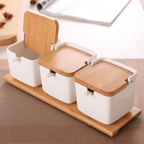 Ceramic Salt Container Kitchen Spice Pots Pepper Jars Storage With Lid Spoon Porcelain Box Bamboo Cover Condiment Seasoning Rack