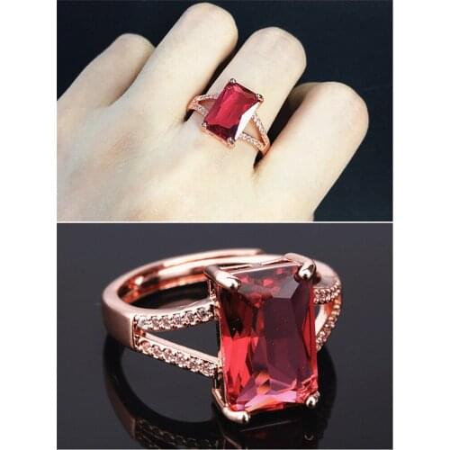 Fashion square red crystal ruby gemstones diamonds rings for women rose gold color jewelry bijoux bague party gifts accessories