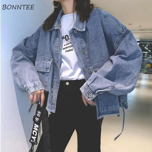Jackets Women Simple Chic Harajuku All-match Solid Denim Turn-down Collar Teen Streetwear Trendy Pockets Womens Jacket and Coats