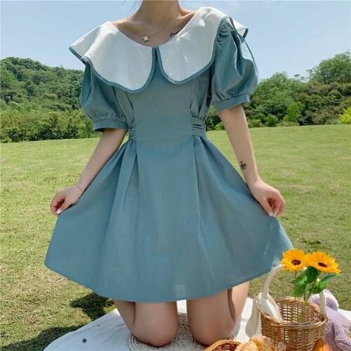 Summer Sweet Girl Cute Loli Woman Candy Colors Fairy Dress Korea Tender Preppy Style Offiec Lady Slim Waist Vintage Women Dress
