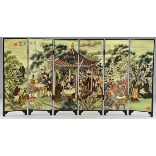 Mini) Exquisite Chinese Lacquer Ware Lanting Juxian Painting Hand Superb Mini Screen