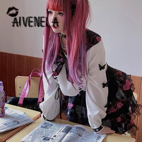 Harajuku Preppy Lolita Girls Mini Skirt Butterfly T-shirt Tops JK Set Suit 2020 Emo Egirl Y2k Emo Egirl Y2k Female AFC877