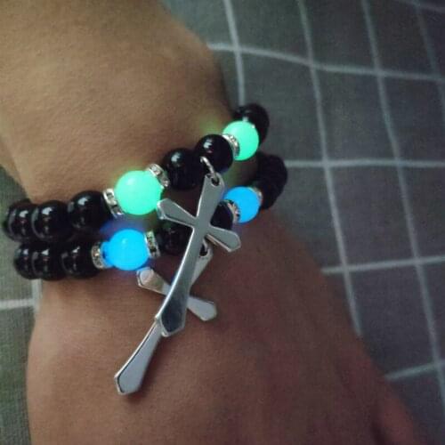 Fashion Natural Black Stone Luminous Beads Bracelet Classic Cross Fluorescence Men Women Charm Glowing Bracelet Bangle Jewelry