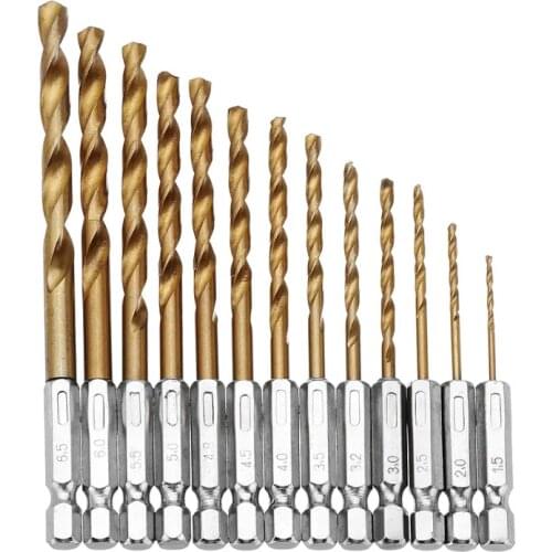 13pcs/lot HSS High Speed Steel Titanium Coated Drill Bit Set 1/4 Hex Shank 1.5-6.5mm