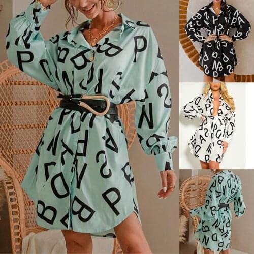 New Summer Women Casual Wear Irregular Hem Midi Dress Letter Print Long Sleeve Lapel Neck High Waist Dress Comfortable S M L