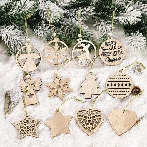 16PCS DIY Natural Wooden Chip Christmas Tree Hanging Ornaments Pendant Kids Gifts Snowman Tree Shape Xmas Ornaments Decorations