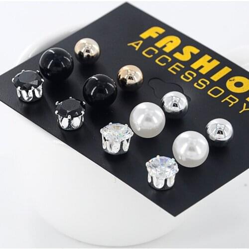 Sell by set 6 Pairs/set Gold and Silver color Lovely Earrings For Women Jewelry Black and White Imitation Pearl Stud Earring