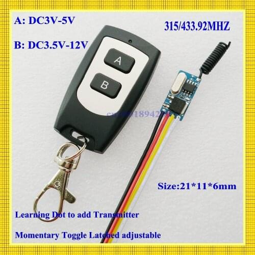 DC3V 3.6V 3.7V 4.5V 5V Remote Control Switch Micro Mini RF Receiver Transmitter RX TX 315/433 Mos No Sound Wireless Switch M T L