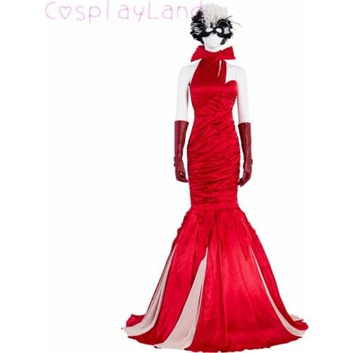 Halloween Sexy Cruella Cosplay Red Dress Fashion Queen Costume Wedding Evening Party Ball Gown Fancy Mermaid Dress Wig Mask