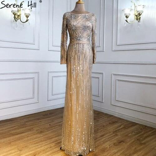Serene Hill Ｍuslim Champagne Elegant Evening Dresses Gowns 2021 Mermaid Luxury Beaded For Woman Wedding Party LA71191