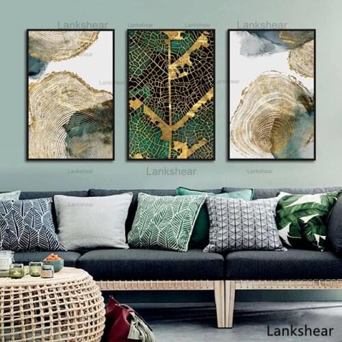 Modern Abstract Green Gold Foil Canvas Art Artistic Concept Rich Tree Poster and Print Wall Picture for Living Room Stylish