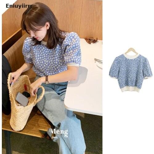 Knitted Pullovers Jumpers Hot Sales Chic Korea Japanese Style Slim Cute Sweet Girls Flower Floral Print Short Crop Tops Sweaters