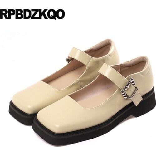 Block Medium Heels Metal High Yellow Ladies Strap Retro Square Toe Pumps Mary Jane Platform Shoes Fashion 2021 Genuine Leather