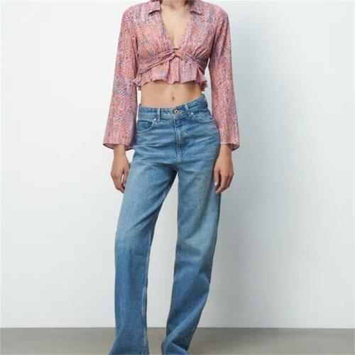 ZXQJ Women 2021 Fashion With Buckle Printed Crop Blouses Vintage V Neck Long Sleeve Female Shirts Chic Tops