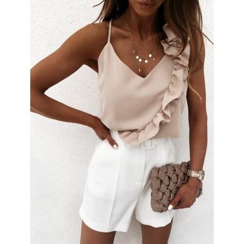 2021 New Women Ruffle Ruched One Shoulder Camis Summer Sexy Vests Solid Camisole Sleeveless Backless Low Cut Ladies Tank Tops