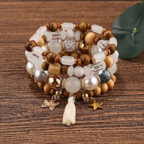 Boho Fashion Multilayer Beaded Chain Charm Bracelet For Women Trendy Simple Metal Star Butterfly Tassel Pendant Bracelet Jewelry