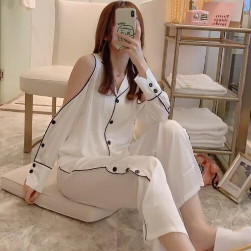 2020 Ice Silk Two Piece Set Women Summer Pajamas For Women Long Sleeve Strapless Homewear Female Thin Loose Leisure New Pajamas