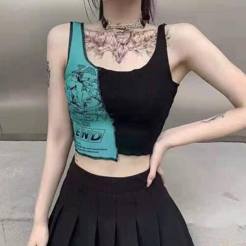 2021 Summer Womens Knitted Camisoles Girls Stretchy Print Patchwork Irregular Sleeveless T shirts Tees Female Crop Tops