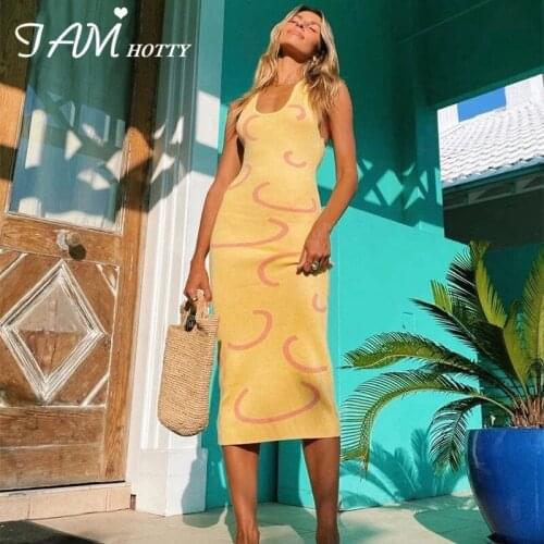 Yellow Striped Knitted y2k Summer Long Dress Women Sexy Beach Party Sundress Casual Bodycon Lace-up Halter Dresses 2021 Iamhotty