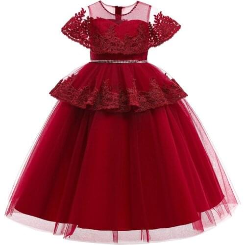 2021 New Lace Pattern Waist Long Skirt Flower Girl Wedding Dress Girl Princess Dresses Party Long Dress Host Performance Costume