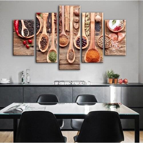 5 Panels Kitchen Theme Canvas Art Wall Paintings For Kitchen Room Realist Condiment Modular Pictures Wall Decorative Canvas Art