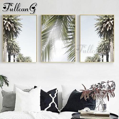 FULLCANG 5d diy diamond embroidery green leaf landscape diamond painting triptych full square round drill home decor FC2993