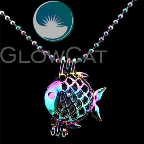 C19 Colorful Fish Beads Cage Perfume Essential Oil Diffuser Stone Pearl Cage Locket Necklace & Pendants