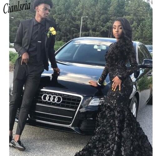 Black Mens Suits And Lace Handmade Flowers Mermaid Women Prom Dress Men Business Pants Suit Wedding Tuxedos Couple Party Wear