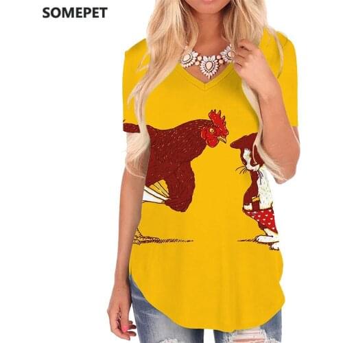 SOMEPET Solid Color T Shirt Women Yellow V-neck Tshirt Novel Shirt Print Womens Clothing Fashion Loose Plus Size High Quality
