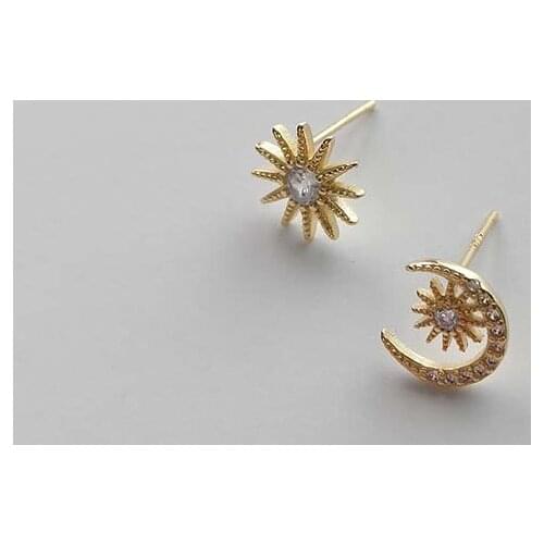 Hot Sale Real 925 Sterling Silver Gold Stud Earrings For Women Korean Moon Sun Shaped CZ Stone Earring Party Gifts Jewelry