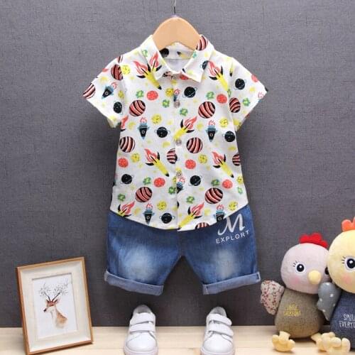 2018 new summer baby clothes set for boys fashion cartoon shirt tops+denim pants body suit jean shorts kids clothing sets