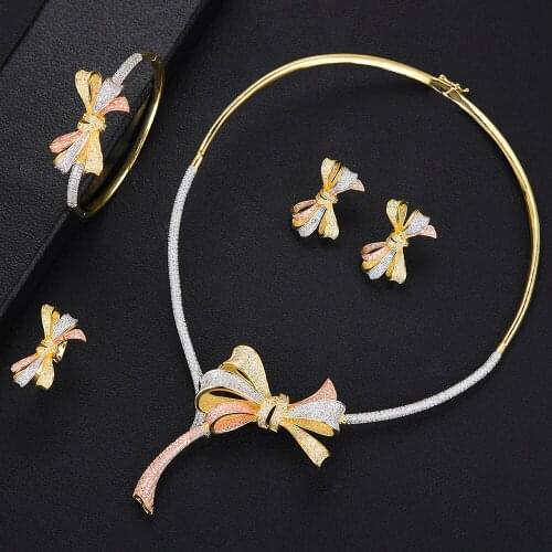 LARRAURI 2019 Dubai Bridal Wedding jewelry Sets Making Charms bow-knot Necklace Earrings Bangle Ring Jewelry Sets For Women