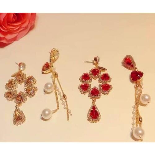 Korean Fashion Sqaure Crystal Asymmetric Drop Earrings Mujer Moda Elegant Pearl Tassel Rhinestone Pendientes Jewelry