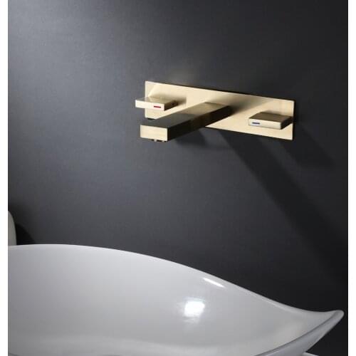 Brushed Gold Wall Mounted Bathroom Basin Faucet Brass double Handle Bathtub Faucet Hot & Cold Mixerr Sink Tap Crane