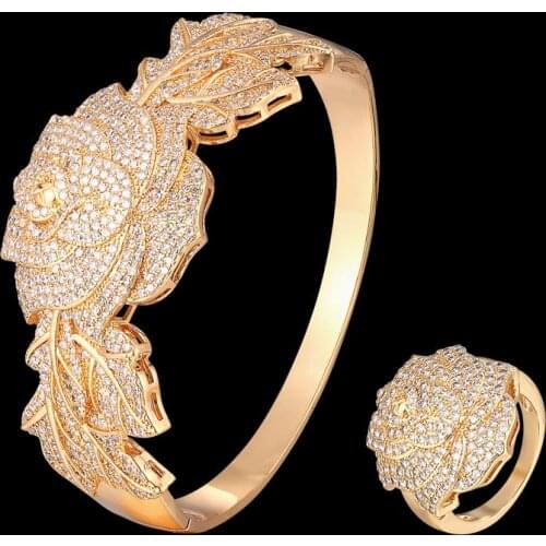 Zlxgirl jewelry Classic rose flower shape Women Wedding Cubic Zircon bangle with ring sets AAA CZ Dubai Bridal Jewelry Set