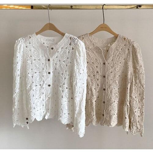 Hollow Out Hook Flower Knitted Cardigan Elegant V-neck Casual Womens Sweater Chic Button Split Puff Sleeve Femme Jacket